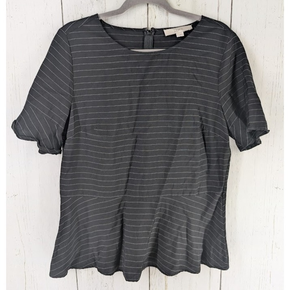 LOFT Charcoal Gray Striped Short Sleeve Peplum Blouse